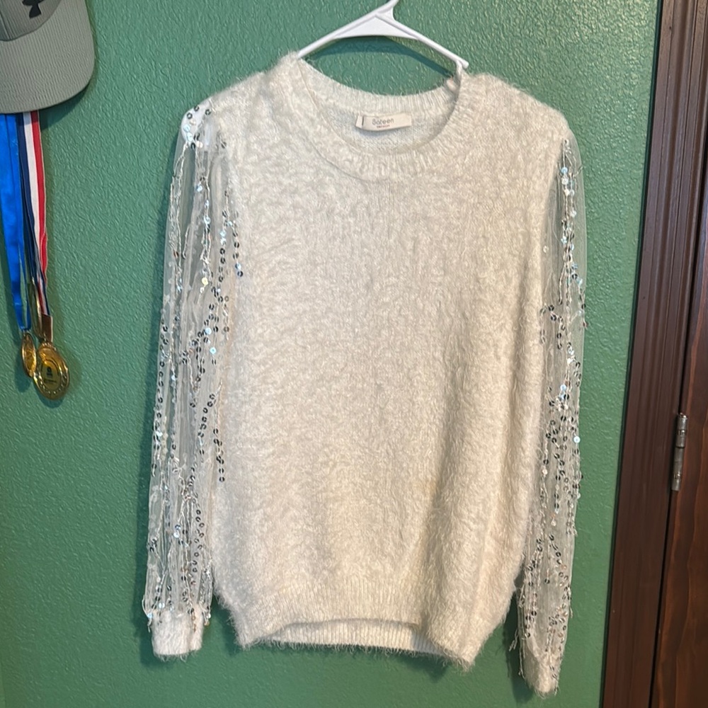 Elegant White Sweater with Sequin Sleeves